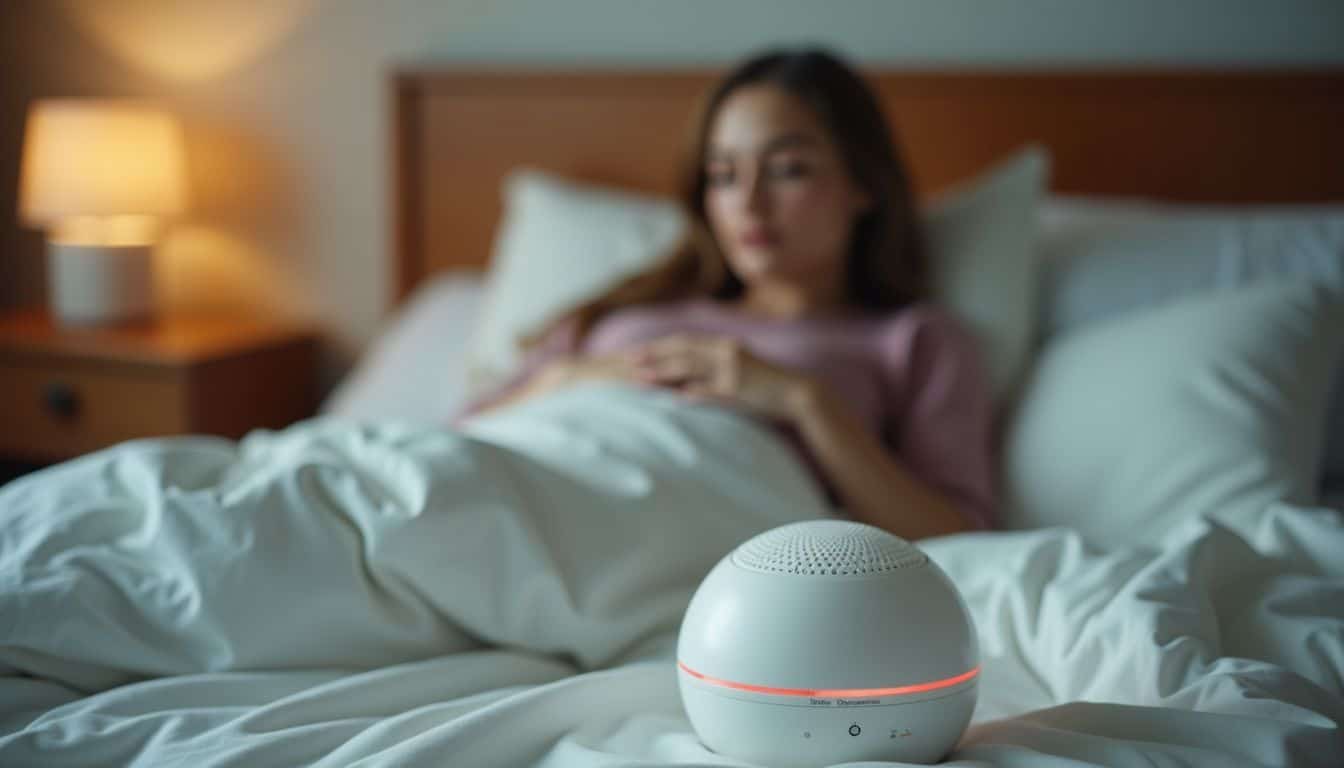 A tranquil bedroom with a white noise machine for relaxation.