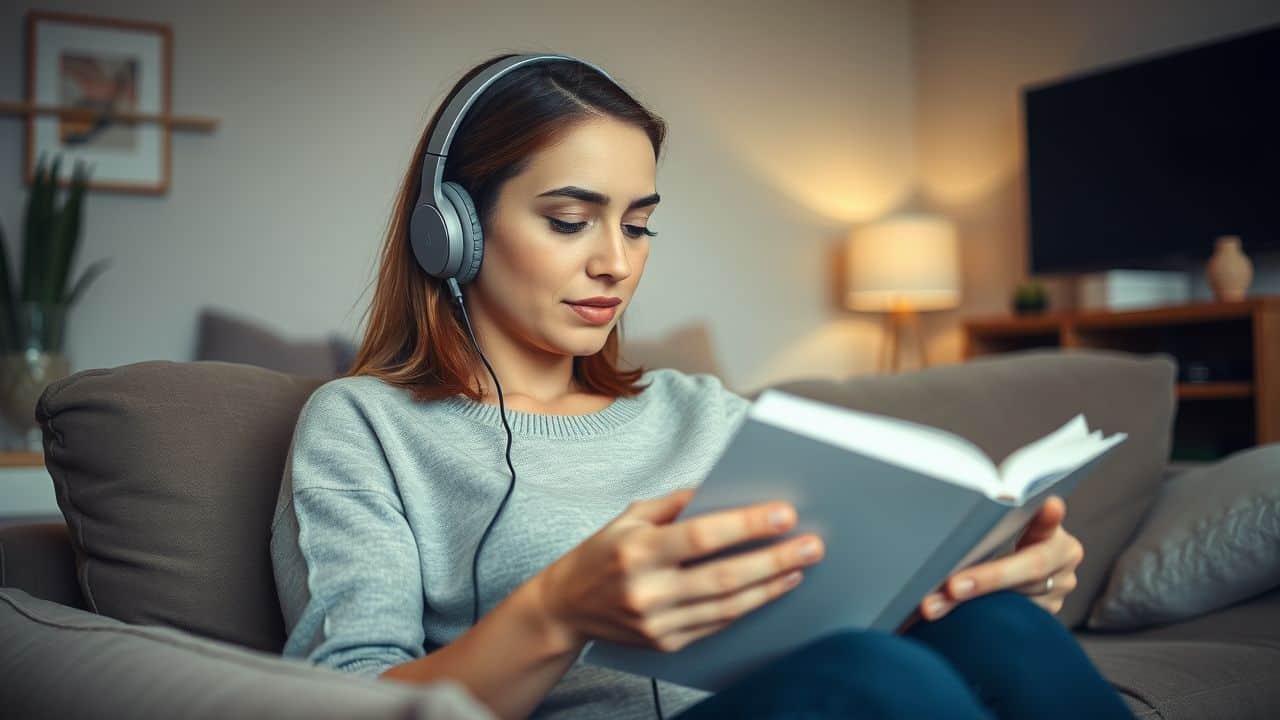 A woman in her 30s is reading a book in a cozy living room.