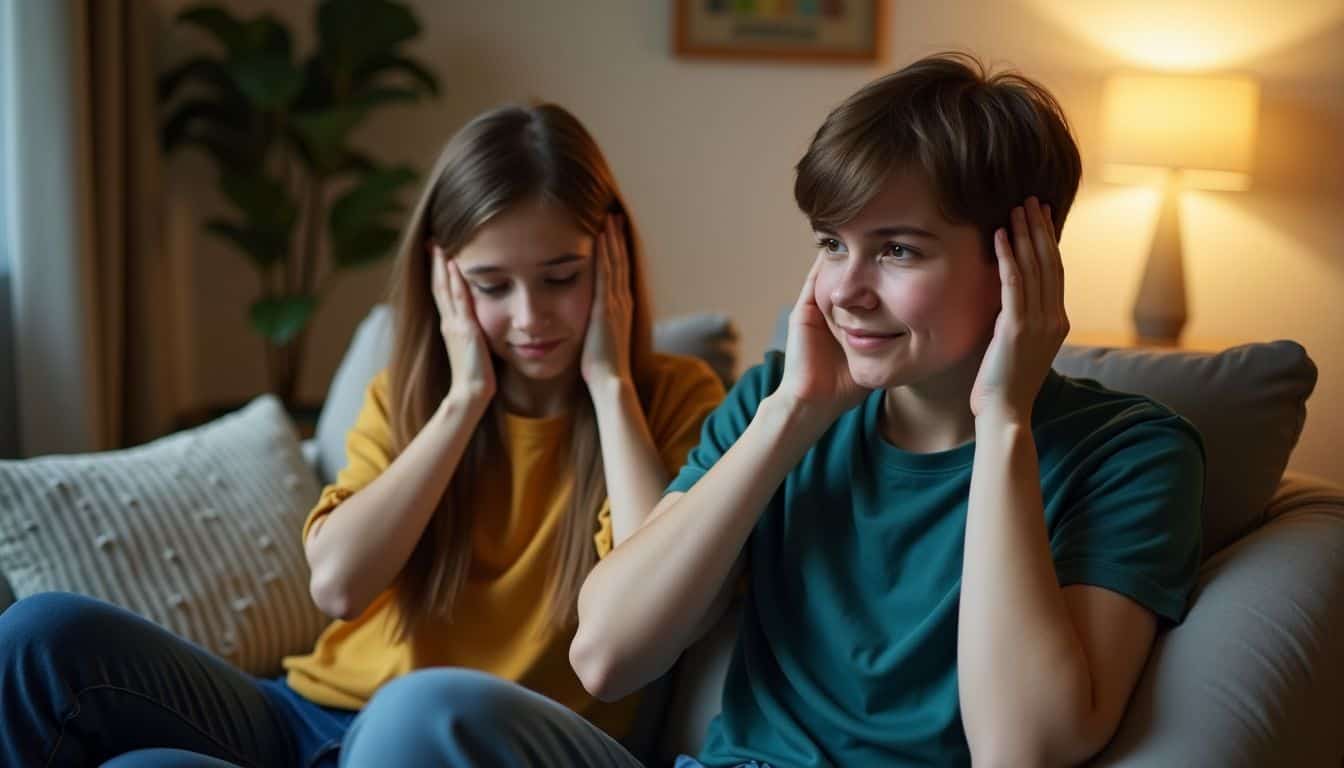 A young adult comforting a friend experiencing sound sensitivity in a cozy living room.