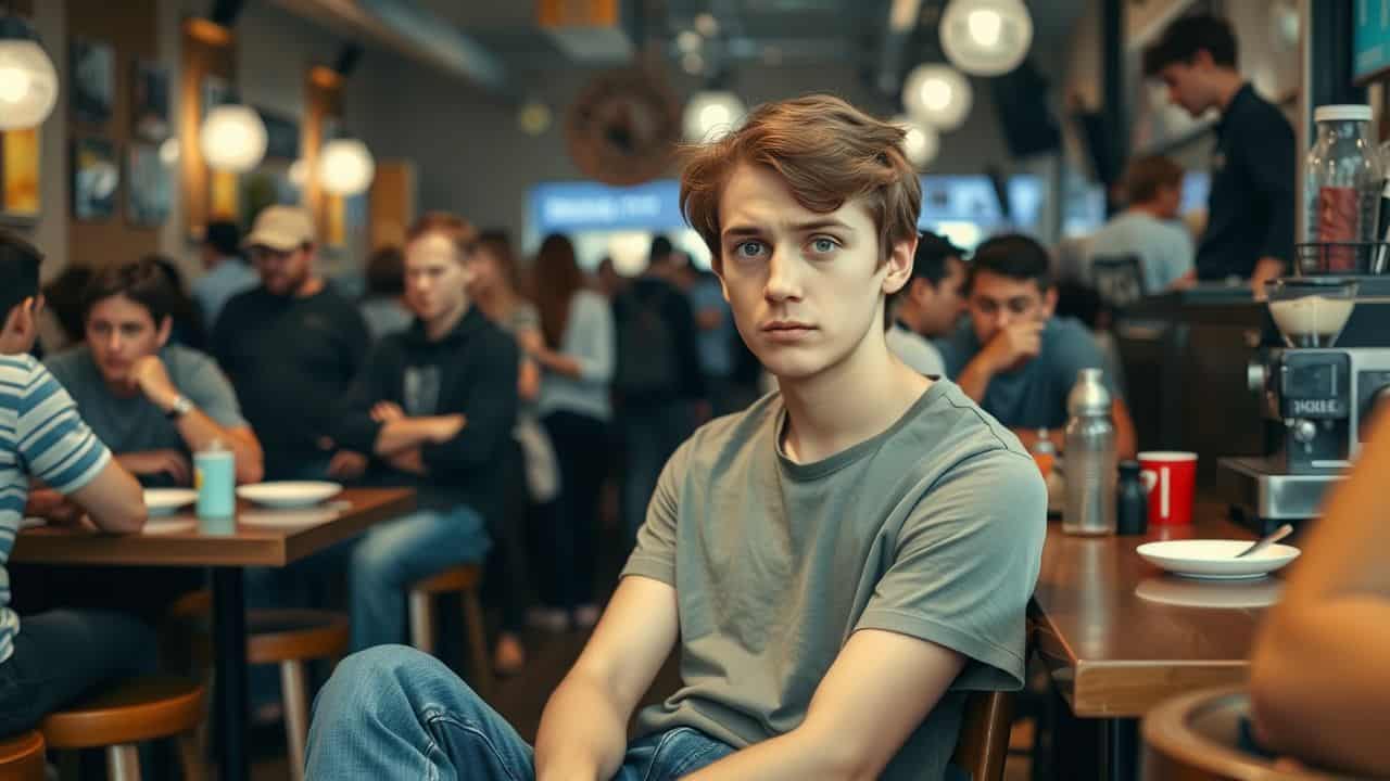 A young adult looks overwhelmed in a bustling cafe.