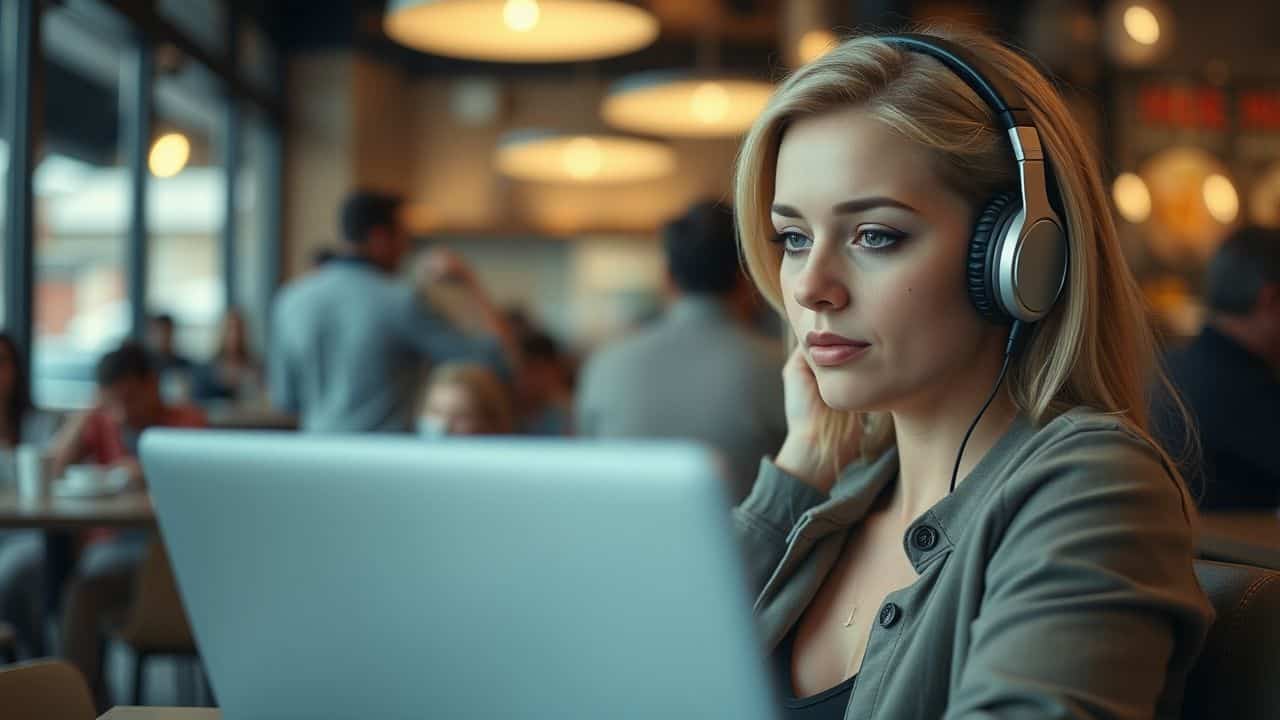 A woman in her 30s working on her laptop in a busy coffee shop.