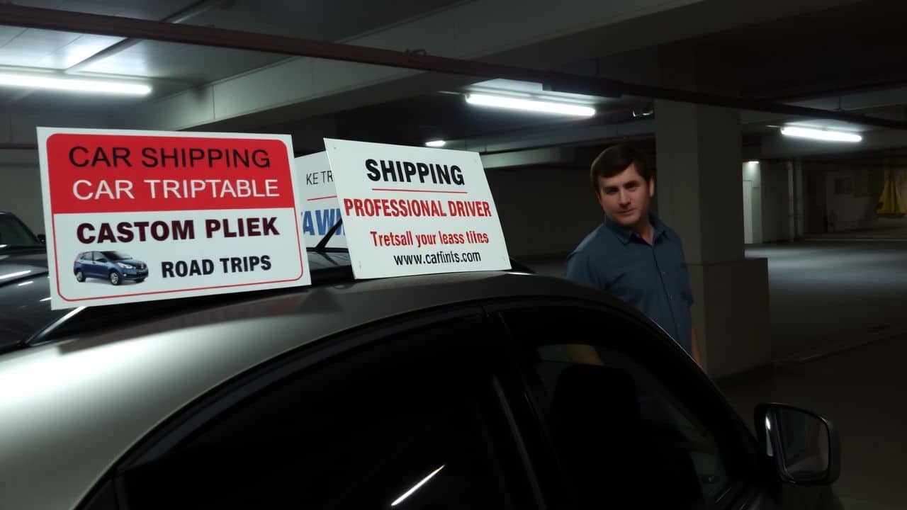 A parked car in an underground garage with transportation-related signs.