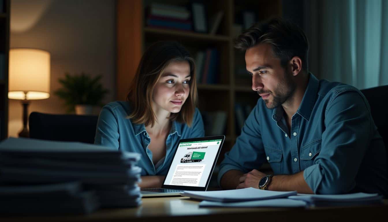 A couple in their 30s working on paperwork and researching auto transport.