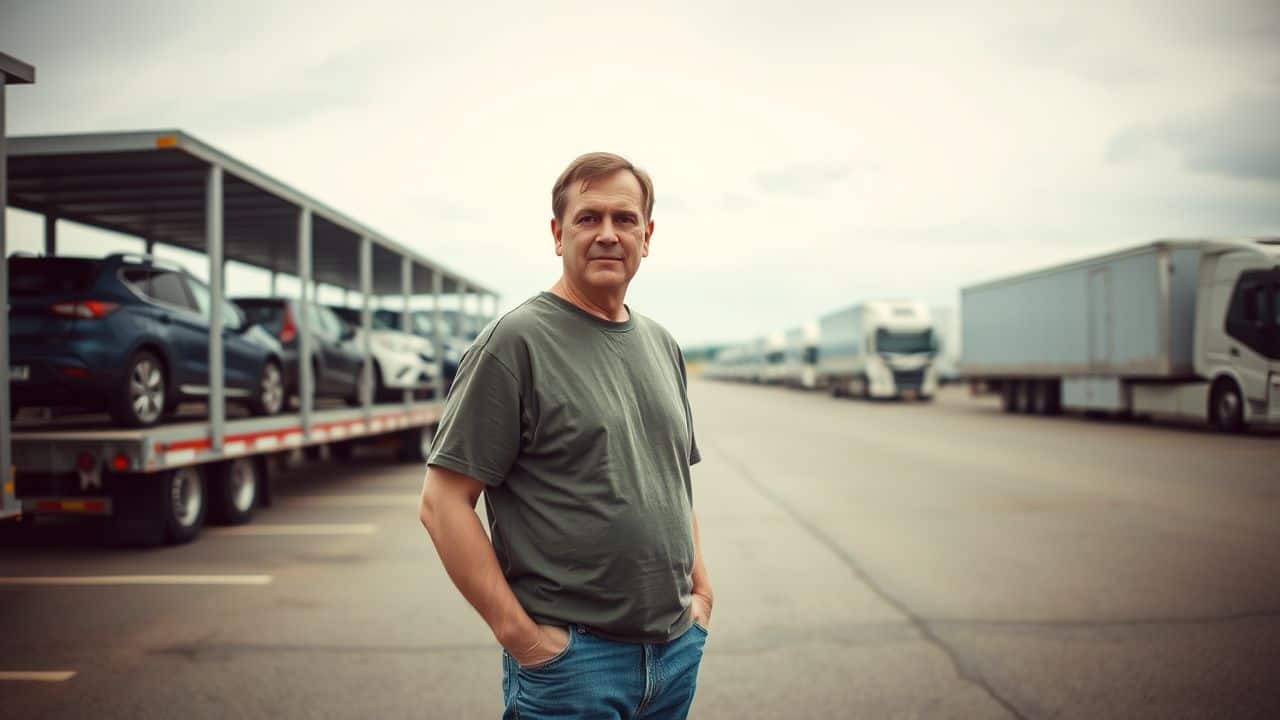 A middle-aged man comparing different car transportation methods outdoors.