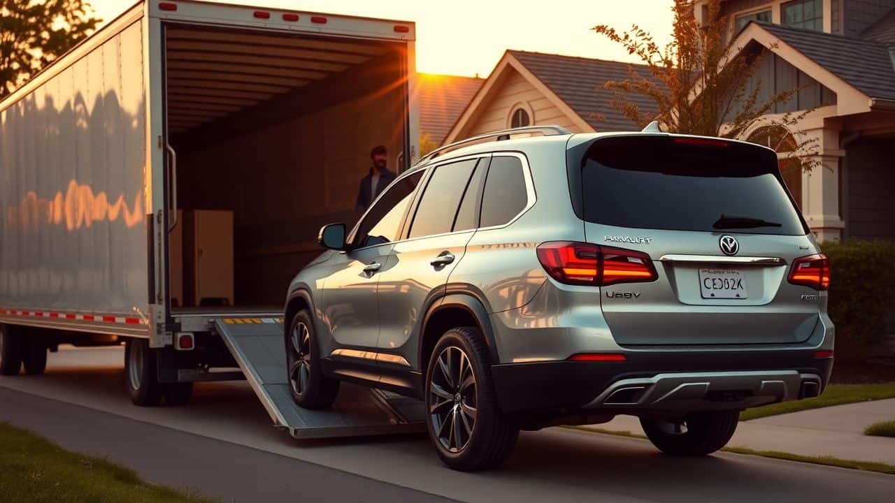 A transport truck unloads a shiny SUV at a suburban home.