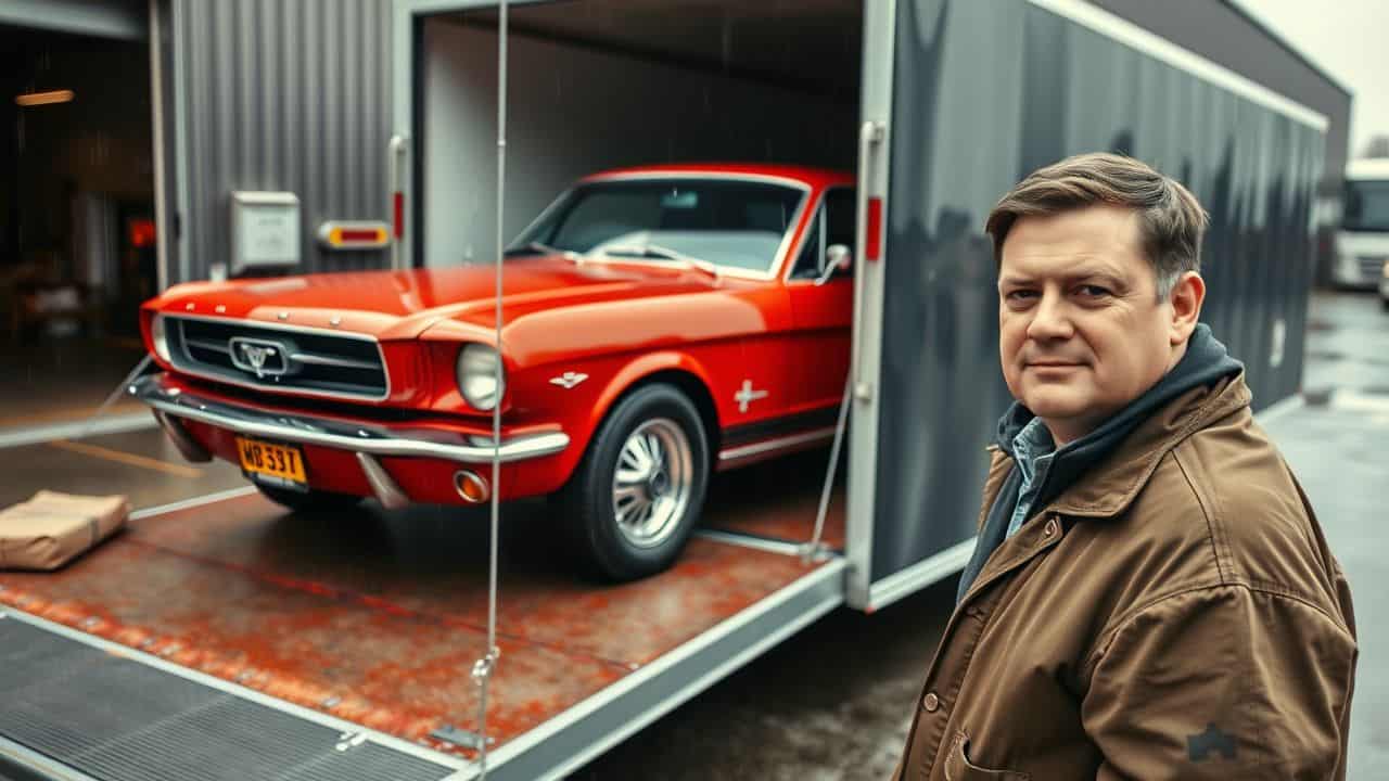 A vintage red Mustang being loaded into an auto transport trailer.