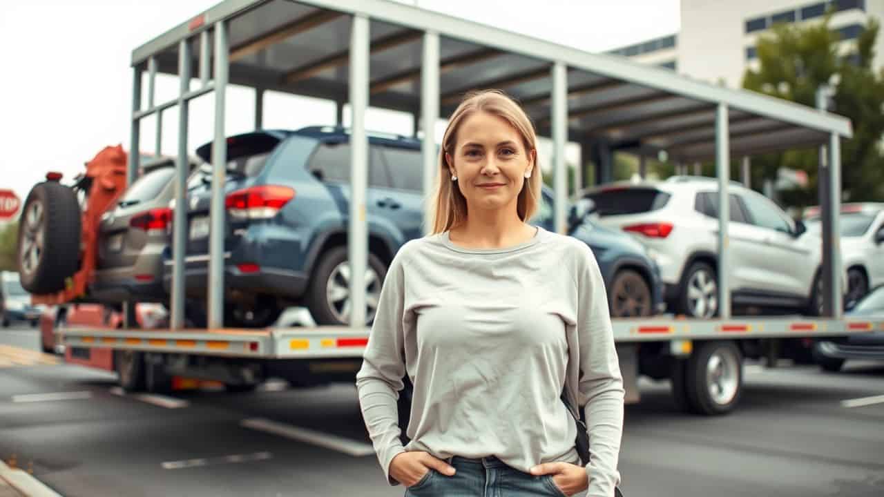 A woman loads her SUV onto an open auto transport carrier.