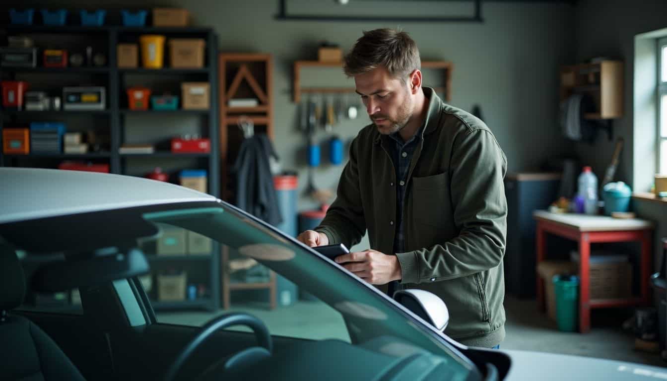 A man inspecting his car for scratches and removing personal items.