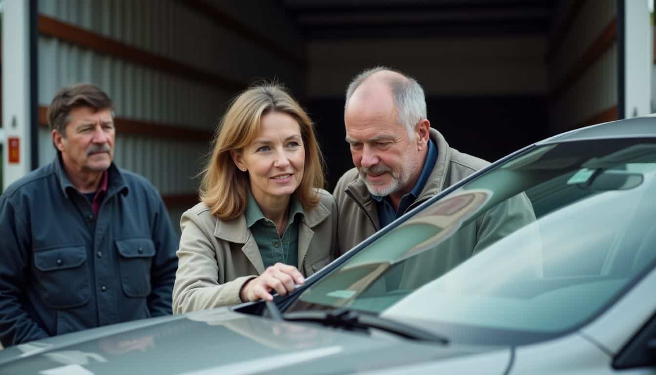 A middle-aged couple inspecting a new car with a transport driver.