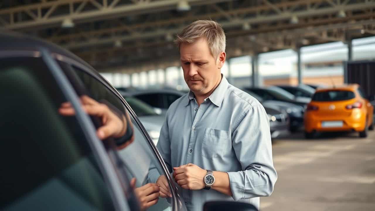 A man prepares to have his car loaded onto a transport carrier.