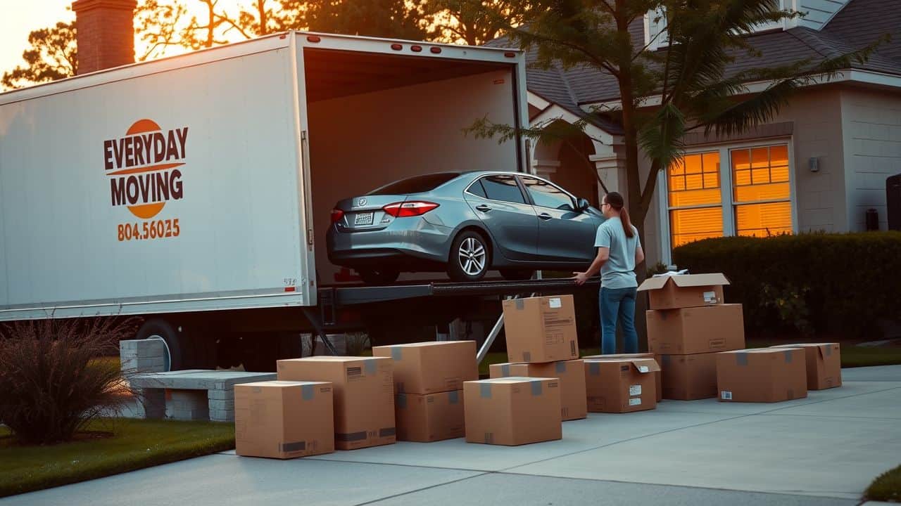 Movers loading car onto truck in front of house at sunset.