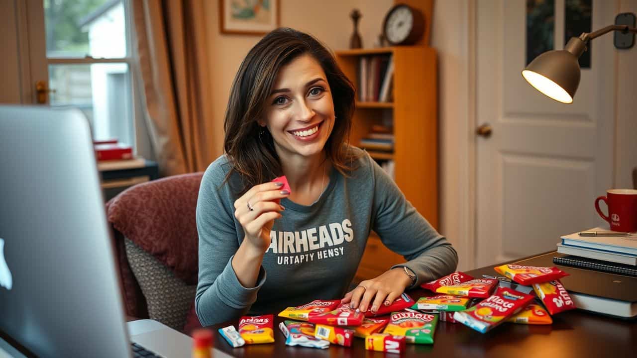 A woman enjoying Airheads taffy at a cozy home desk.