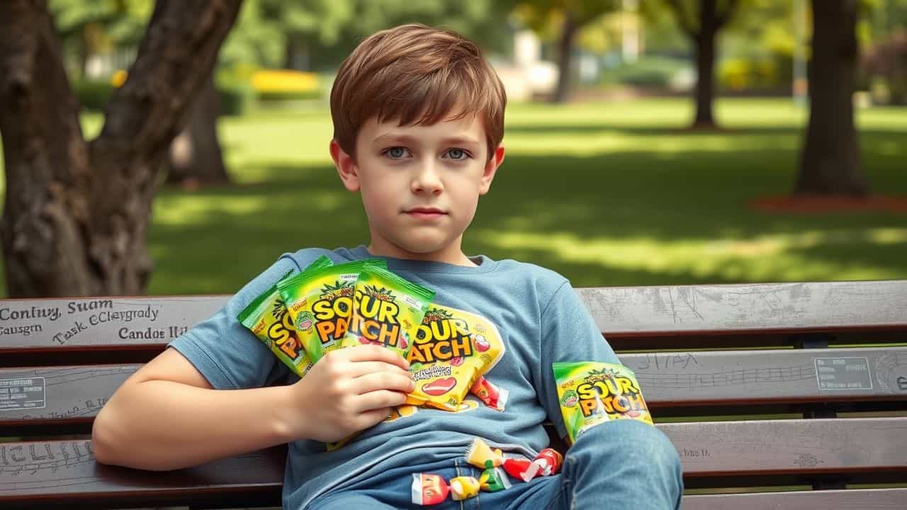 A 12-year-old boy enjoys Sour Patch Kids candy on a park bench.