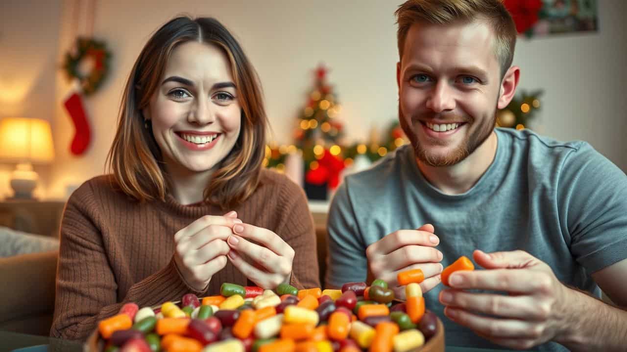 A couple in their late 20s enjoying colorful, fruity candies in a cozy living room.