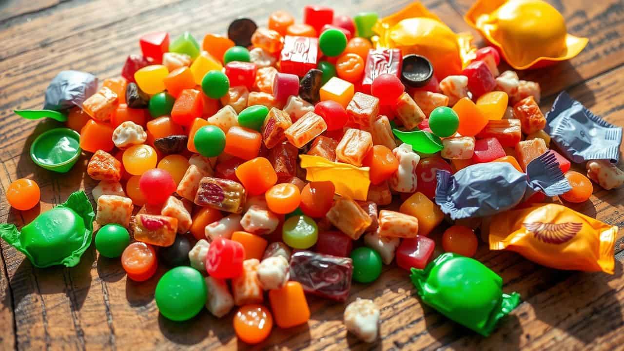 An assortment of classic fruity and chewy candies on a wooden table.