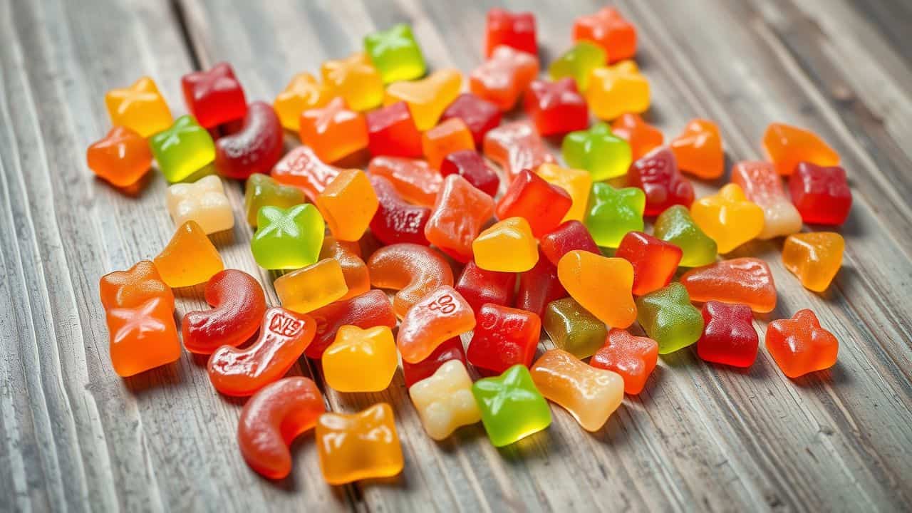 Colorful gummy candies spread out on a rustic wooden table.