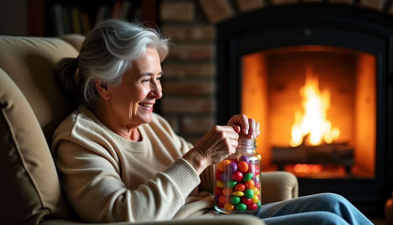 Elderly woman enjoying hard candies by the fireplace.