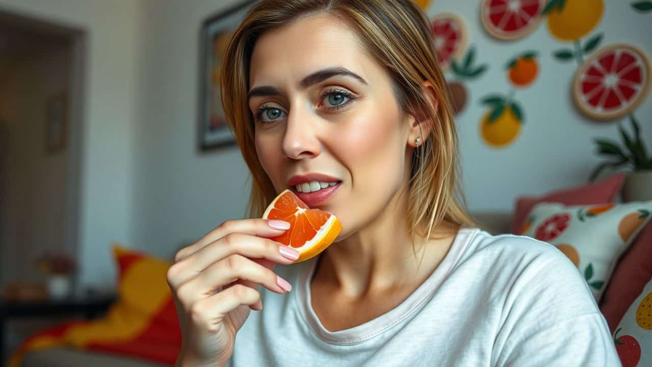 A woman enjoying grapefruit-flavored Hi-Chew candy in a cozy living room.