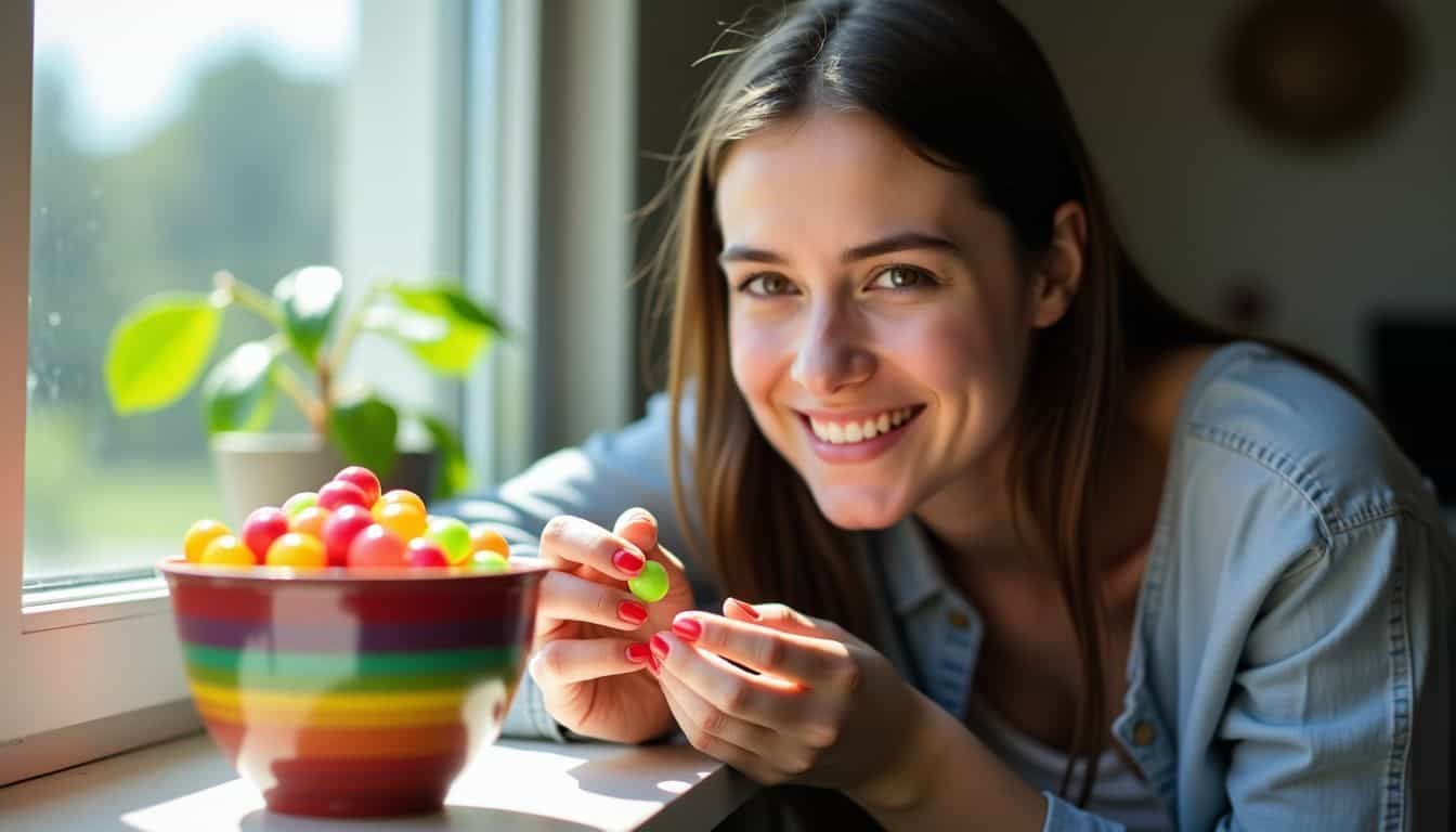 A woman picking up a watermelon Jolly Rancher from a bowl.