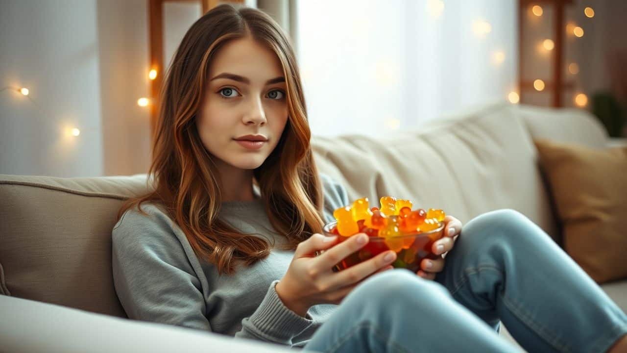 A young woman sitting on a sofa, enjoying Haribo Gold-Bears.