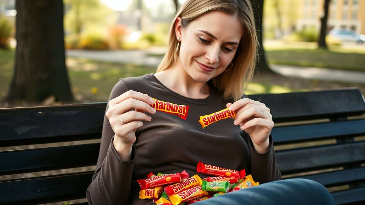 A woman in her 30s unwrapping and enjoying fruit-flavored Starburst candies in a park.