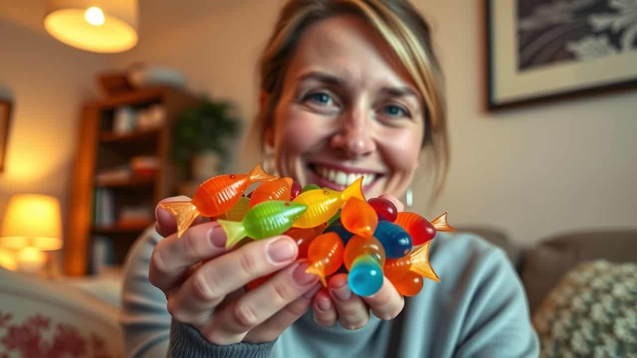 A woman holds a handful of Swedish Fish candies in a cozy home.