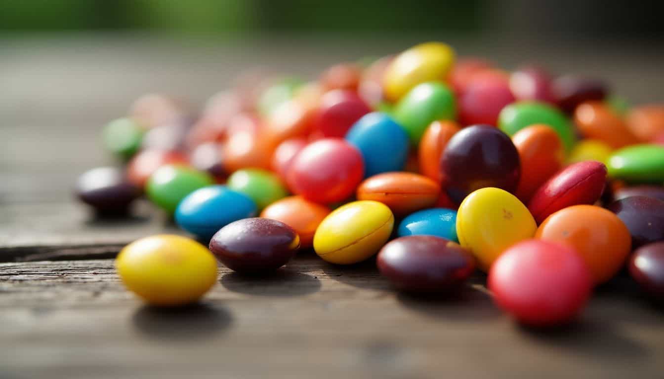 A close-up photo of colorful Skittles scattered on a wooden table.