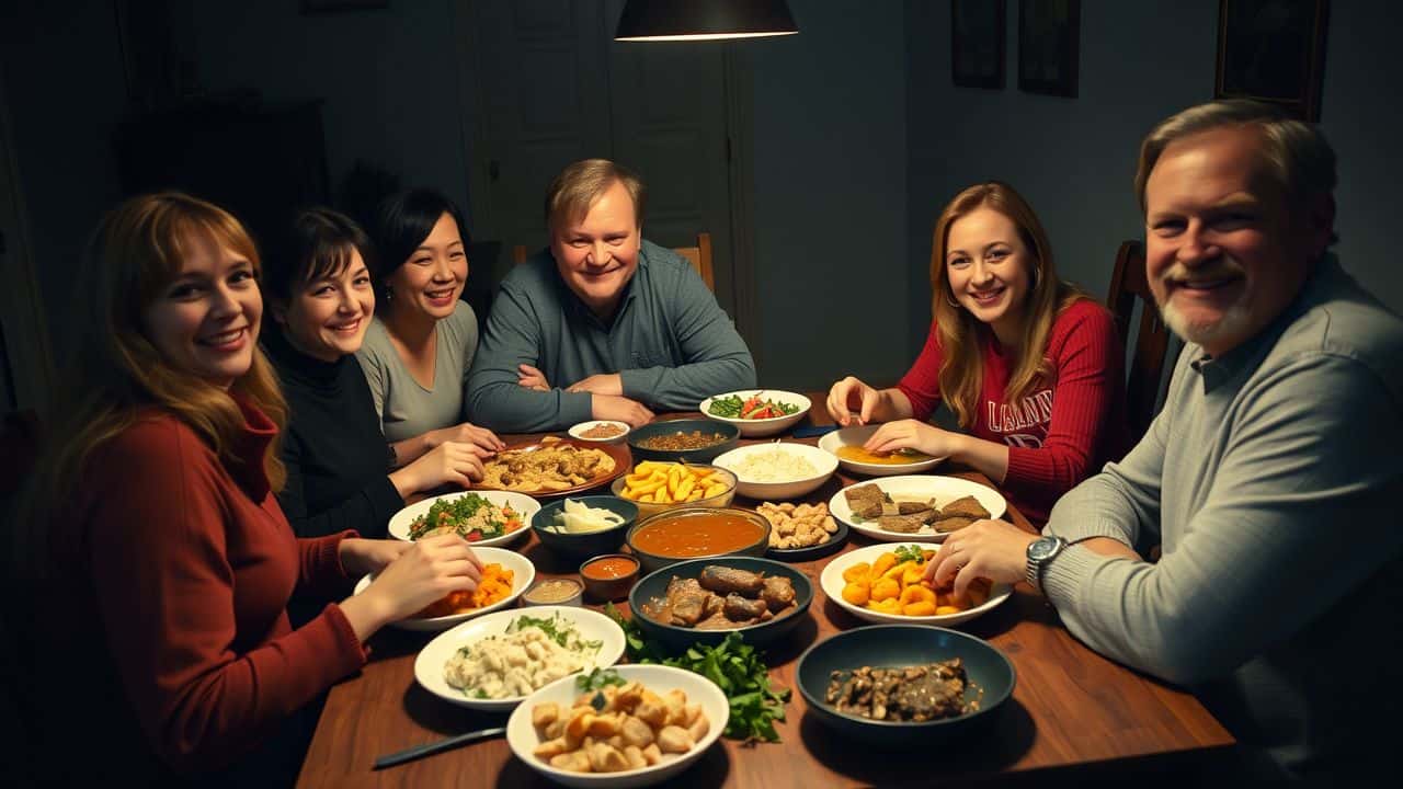 Blended family enjoying a diverse dinner together in a casual setting.