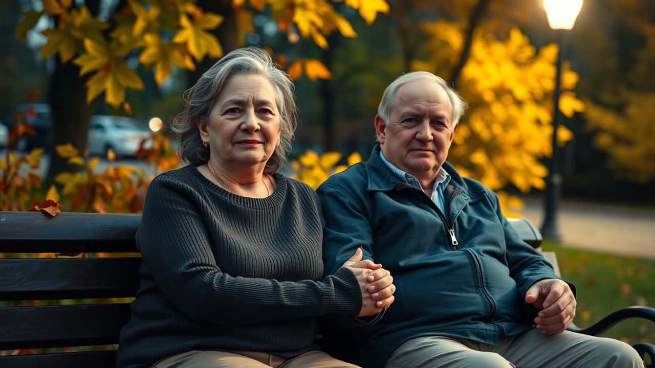 An elderly couple sitting on a park bench, holding hands in autumn.