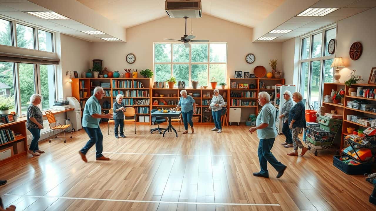 A senior community center with a well-lit dance floor and activity supplies.