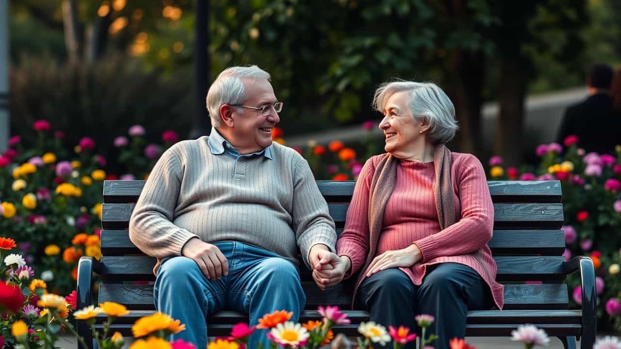 Elderly couple holding hands on a park bench surrounded by flowers.