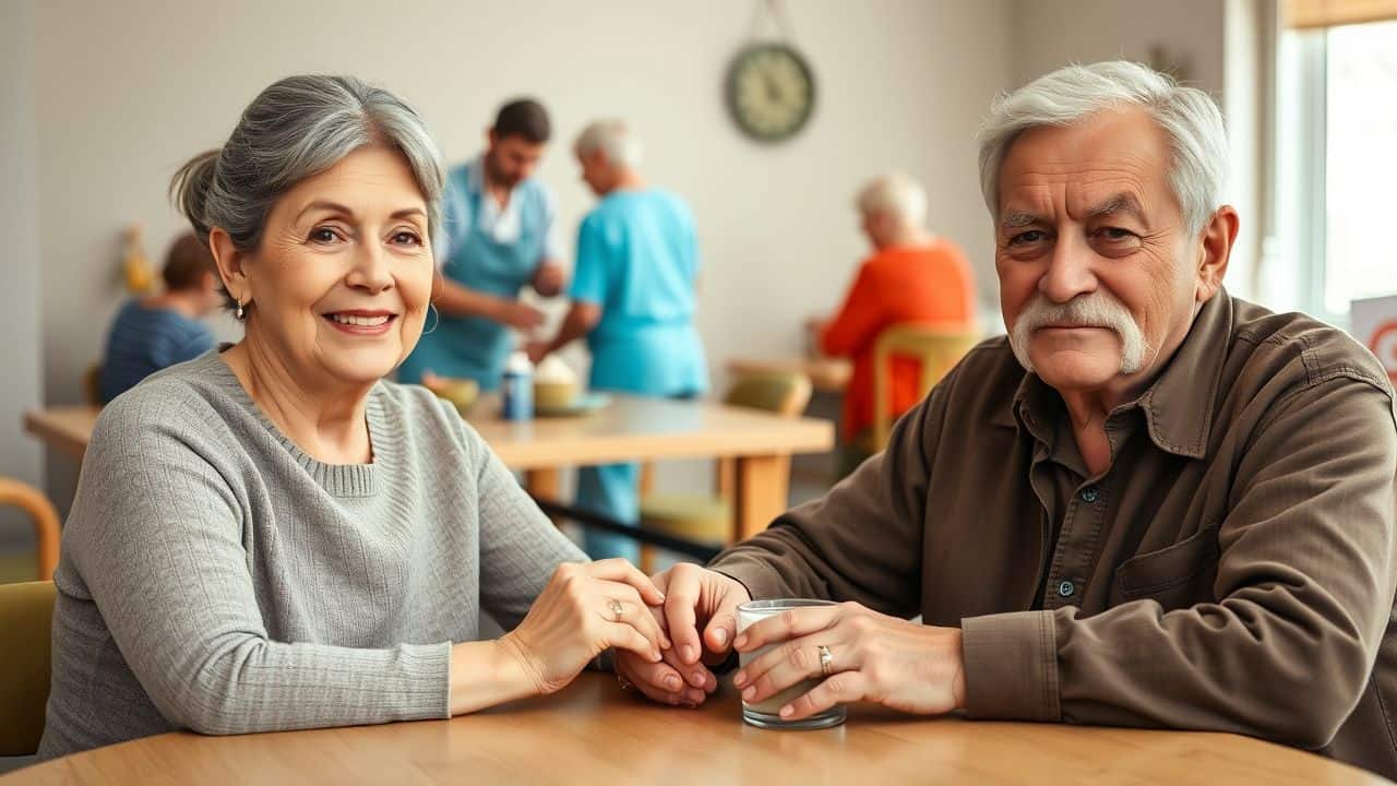 Elderly couple enjoying morning coffee in care home with caregivers nearby.