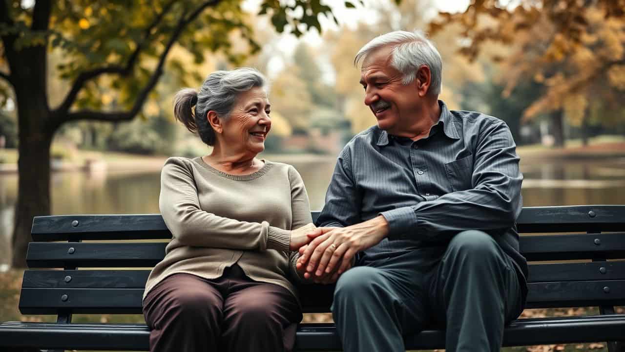 An elderly couple sits on a park bench, holding hands and smiling.