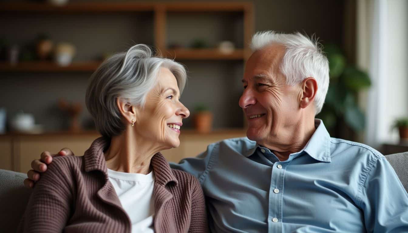 Elderly couple engaged in a respectful conversation in cozy living room.