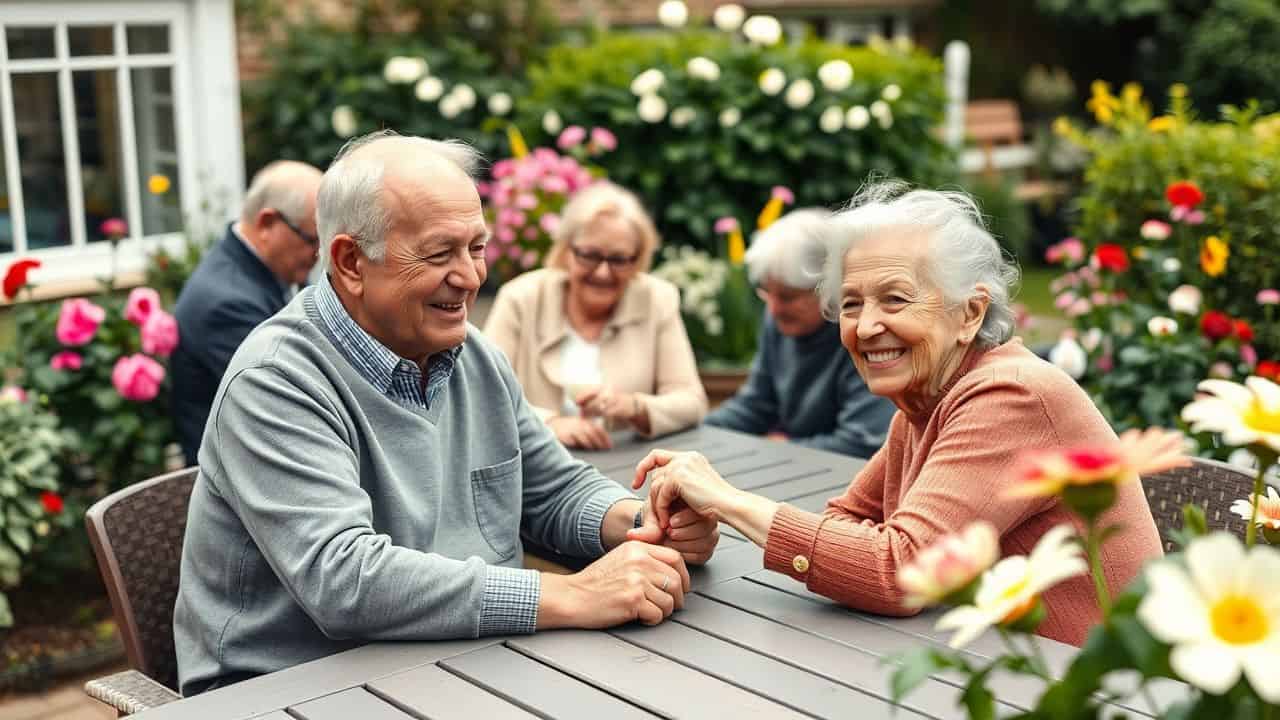 Elderly couple holding hands and smiling in a care home garden.