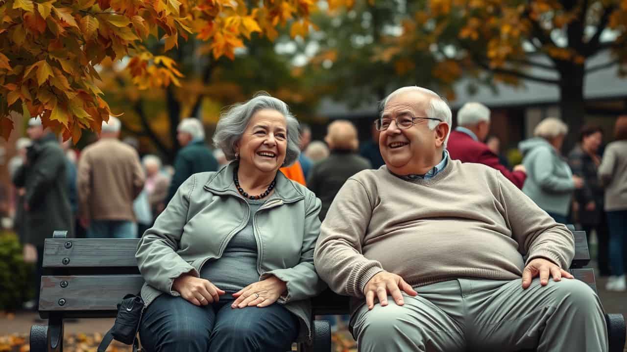 Elderly couple enjoying a lively community gathering in autumn.