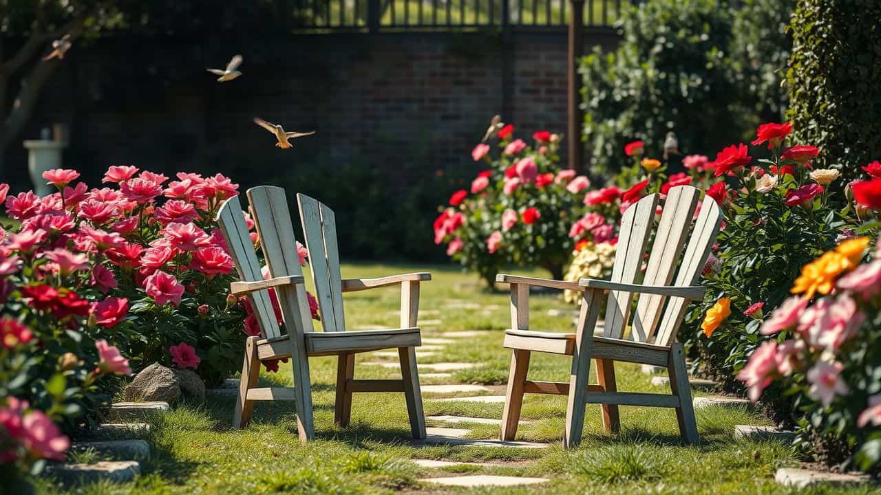 A peaceful garden path with worn-out chairs and vibrant flowers.