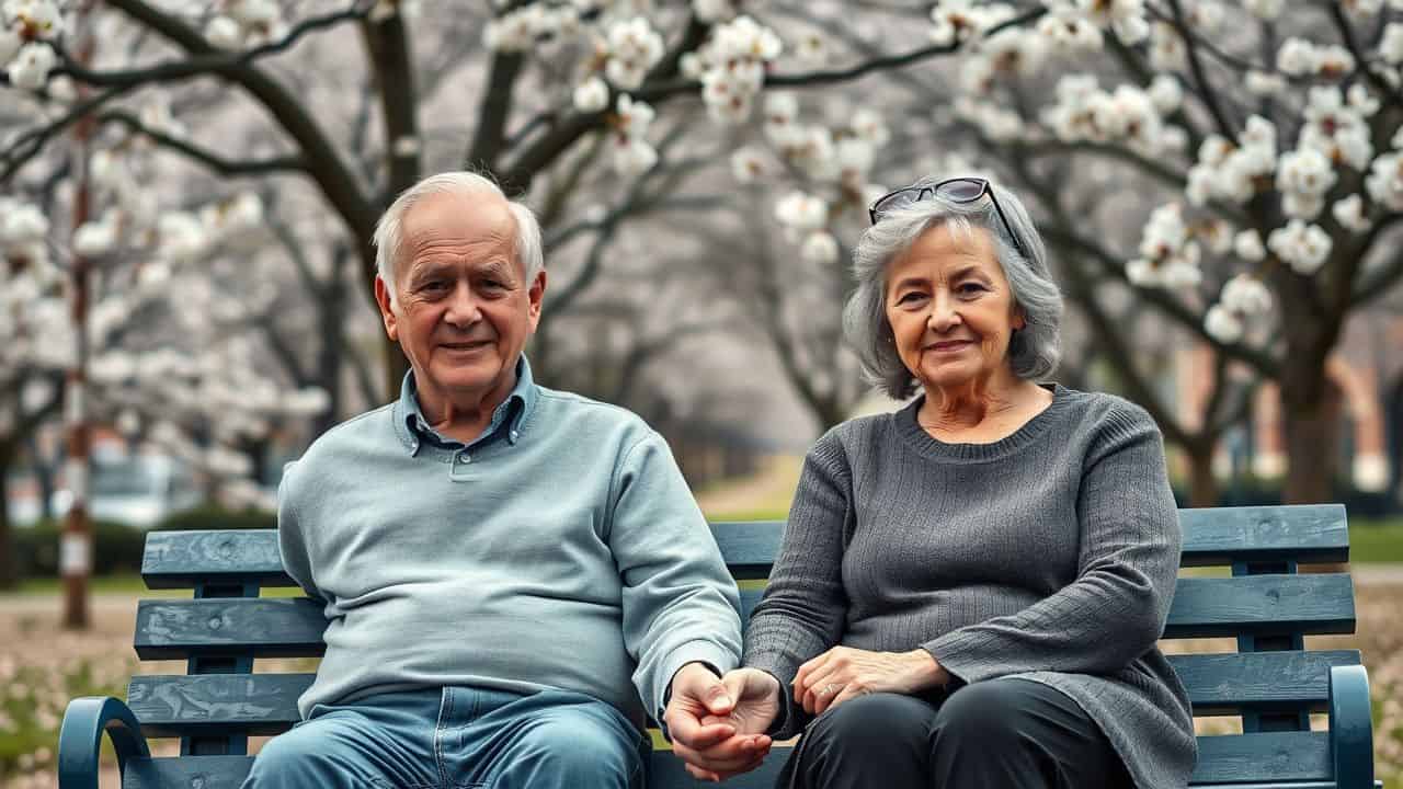 Elderly couple holding hands on a park bench surrounded by cherry blossom trees.