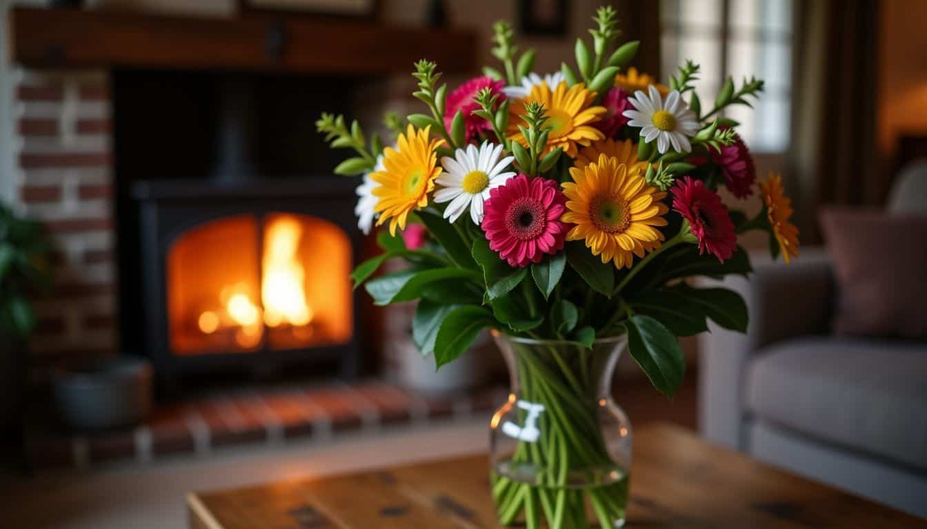 A bouquet of fresh flowers on a wooden table near a fireplace.