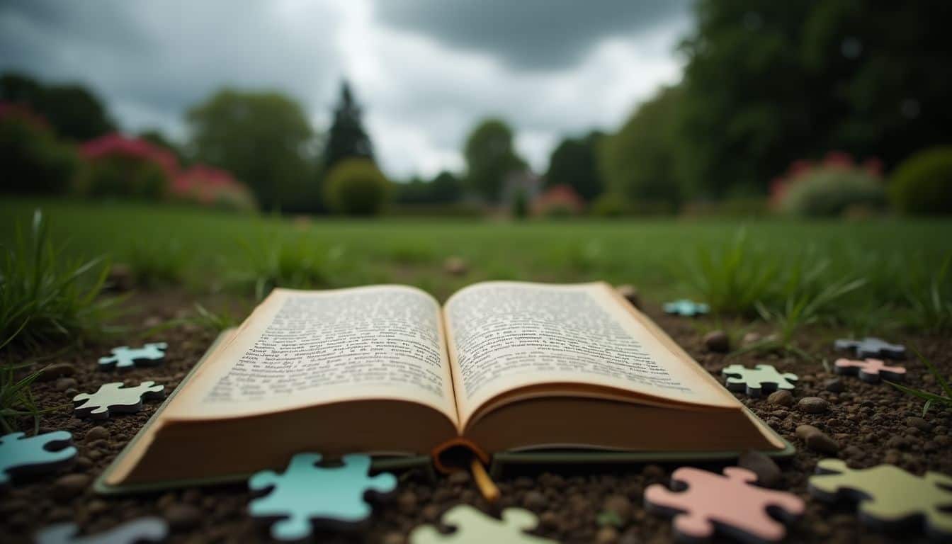 A dream journal and puzzle pieces in a serene garden setting.