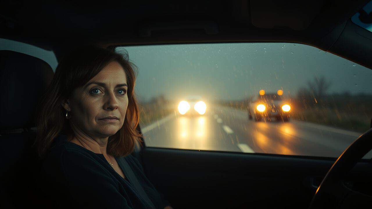 A worried woman in a car sees a crash in the rain.