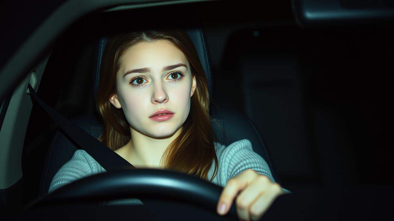 A concerned young woman in a car during a troubling situation.