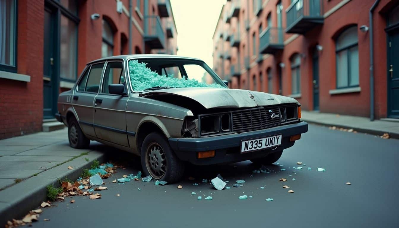 A damaged car abandoned in a well-lit alley with shattered glass.