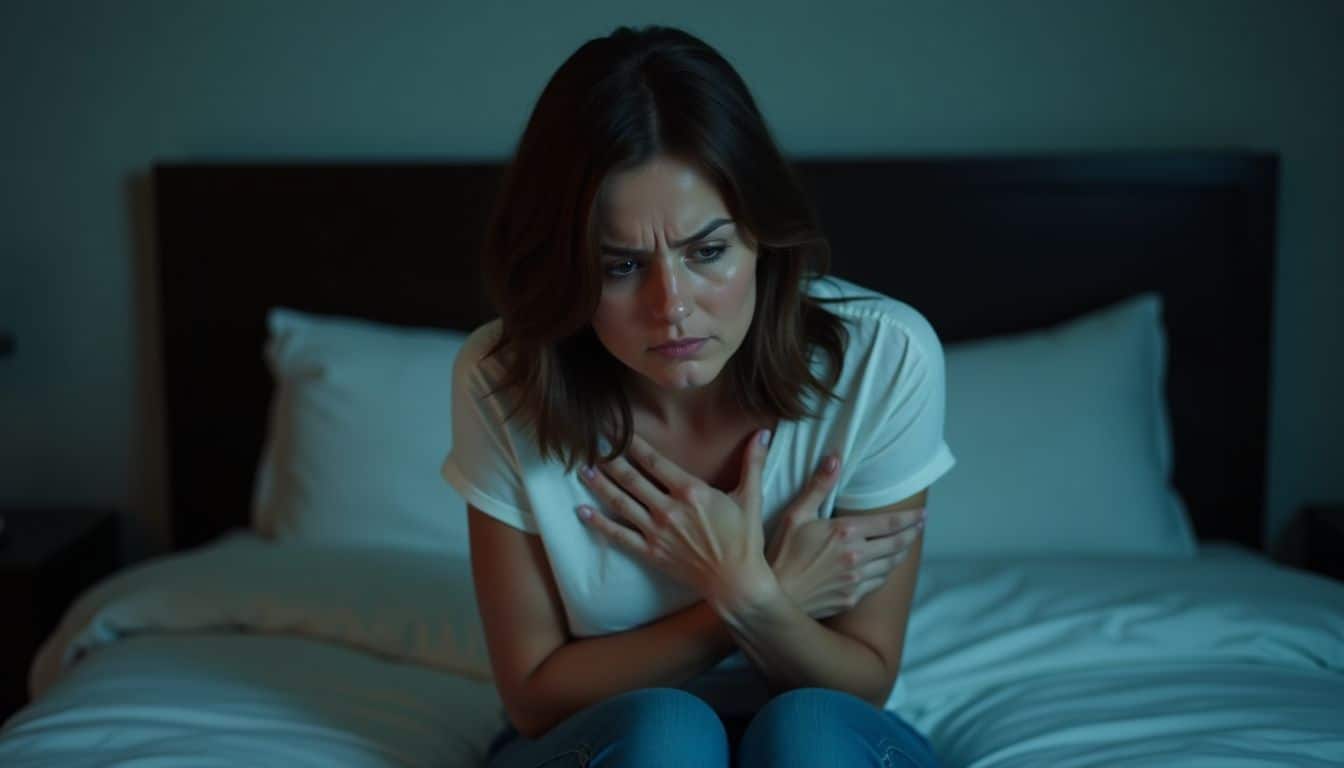 A woman in distress sits on the edge of her bed.