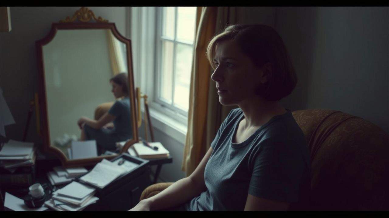 A troubled young woman sits in a cluttered, dimly lit room.