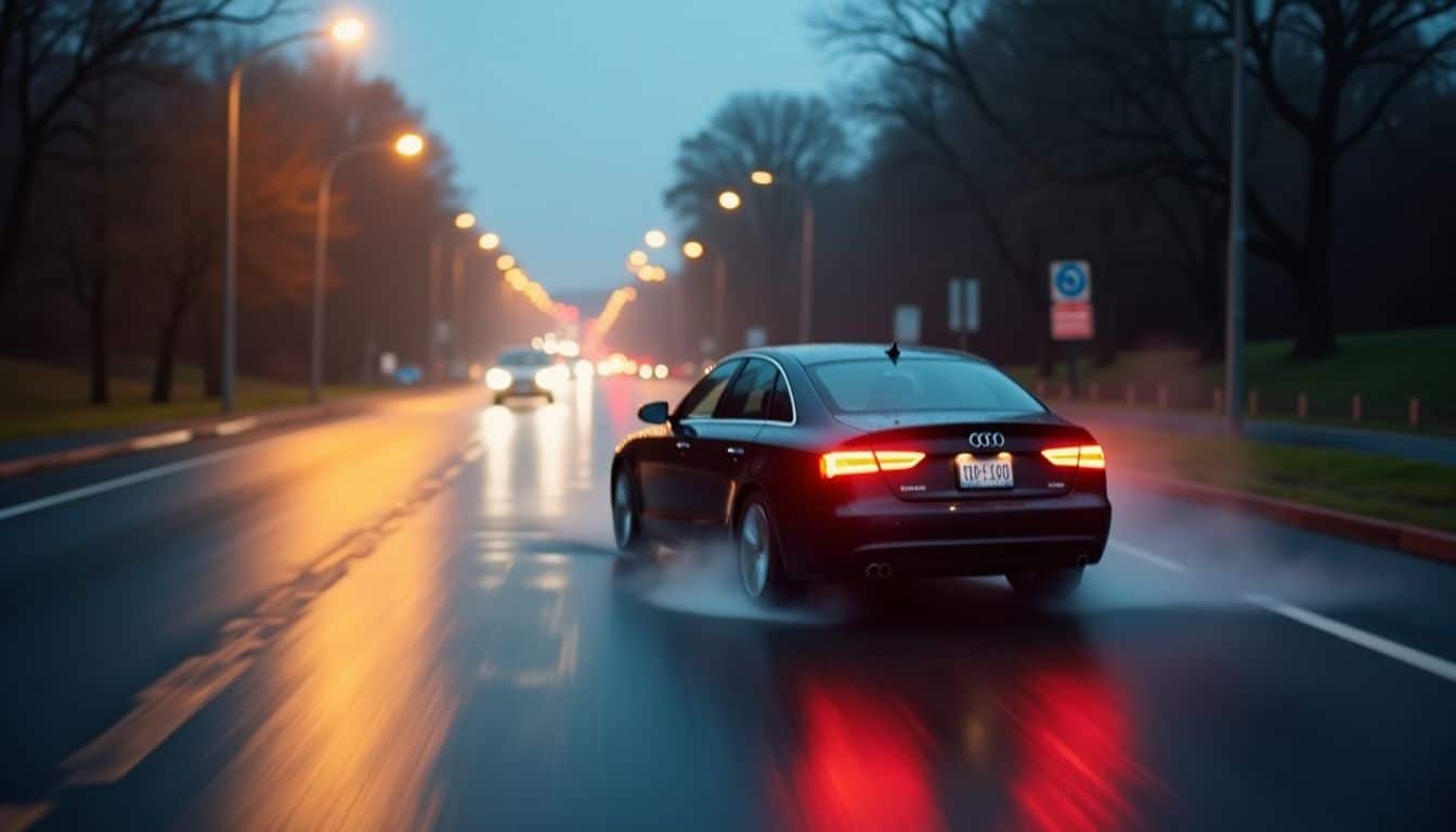 A car spins out of control on a wet, rainy road.