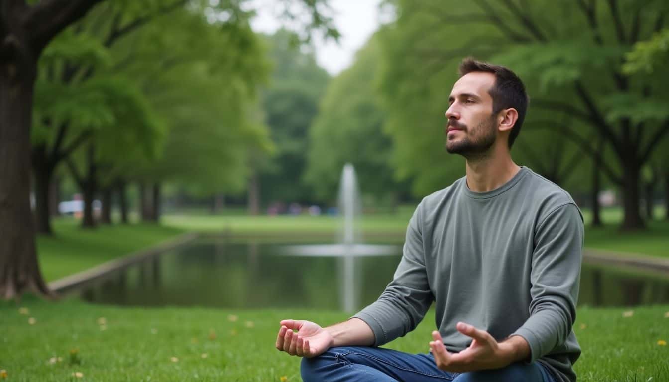 A person meditating in a peaceful park to find relief.