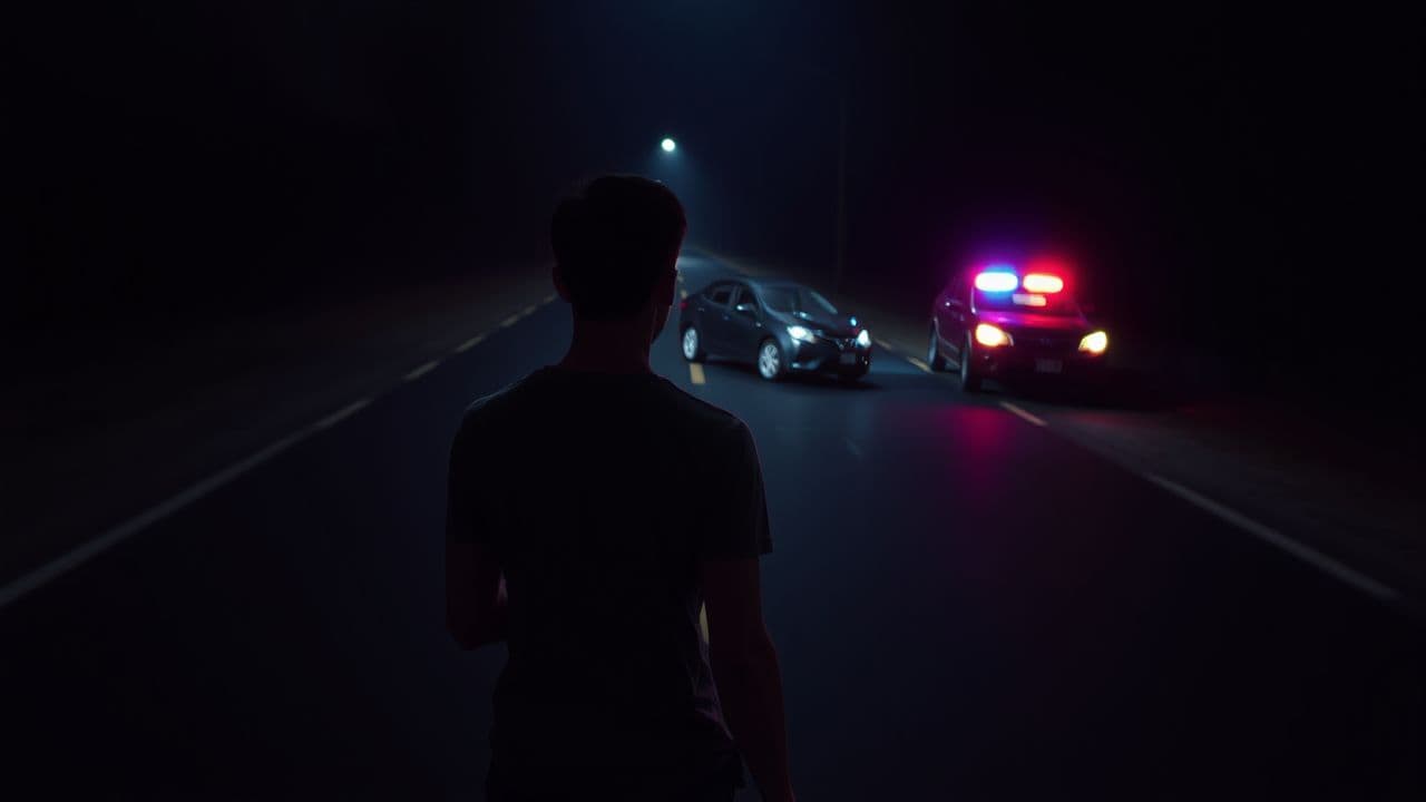 A person standing on a dark road at night, looking at a car wreck with flashing lights.