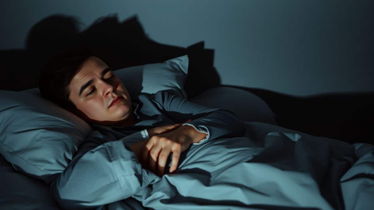 A person in their mid-30s sleeping in bed, appearing to be restless.