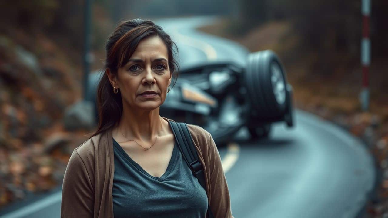 A middle-aged woman standing on a winding road near an overturned car.